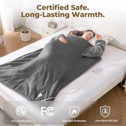 Wearable Heated Blanket with Foot Pocket & Sleeves, 50"x70", Light Grey - color: Light Grey, size: Long