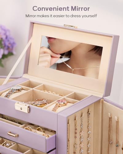 Homde Large Jewelry Box for Women: 5-Layer Organizer with Lock for Dresser - color: Grey Purple + Gold
