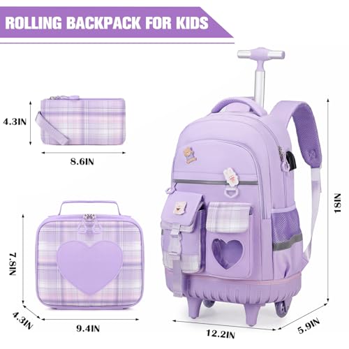 ACESAK 3PCS Rolling Backpack for Girls Children, Girls Backpack with Wheels - color: Purple