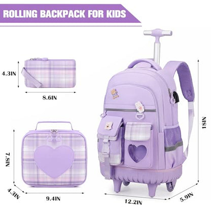 ACESAK 3PCS Rolling Backpack for Girls Children, Girls Backpack with Wheels - color: Purple