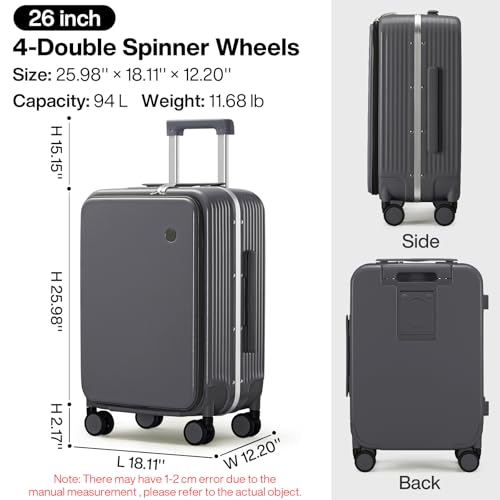 mixi Large Checked Luggage with Cup Phone Holder and Charger Hard Shell Suitcases with Spinner Wheels, 26 Inch Rock Gray - color: Rock gray, size: 26-inch