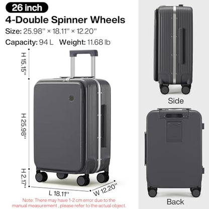 mixi Large Checked Luggage with Cup Phone Holder and Charger Hard Shell Suitcases with Spinner Wheels, 26 Inch Rock Gray - color: Rock gray, size: 26-inch
