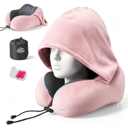 SkytraxComf® Travel Neck Pillow with Hood for Privacy on Long Flights - color: Pink