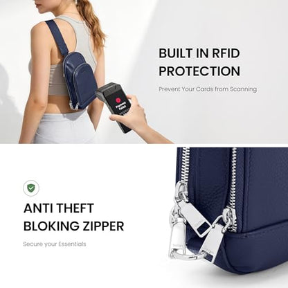 befen Genuine Leather Sling Bag for Women, Anti Theft Crossbody Chest Bags - color: Navy Blue