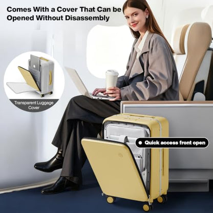 mixi Carry On Luggage, 20'' Suitcase with Front Pocket, Travel Rolling Luggage Aluminum Frame PC Hardside with Spinner Wheels & TSA Lock and Cover - Lark Yellow - color: Lark Yellow, size: 20-inch