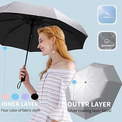 SIEPASA Compact Travel Umbrella - Windproof Auto Open/Close, Small Folding Umbrella for Rain & Sun with UPF50+ - Lightweight Frame, Waterproof - Fits Backpack, Purse, Suitcase.(Silver/Black) - color: UPF-Silver-Black, size: 42 Inch