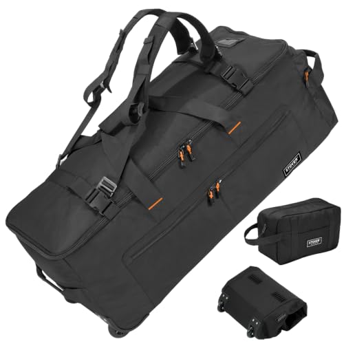 STOVER 100L U-Zip Rolling Duffel Bag with Wheels, X-Large Durable Travel Duffle + Toiletry Bag, Lay-Flat Opening, Packable with Shoulder Straps - Use as Luggage or Backpack, Men/Women (Black) - color: U-Zip Expedition Black
