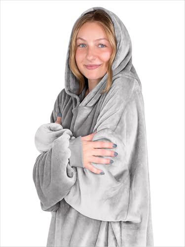 Bare Home Long Length Microplush Wearable Blanket with Side Pockets - Soft and Plush - Warm and Cozy - Adult & Kid Sizes (Adult, Light Grey) - color: Light Grey, style: Adult - Side Pockets - Long Length
