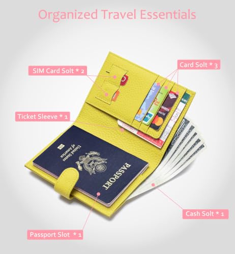 RFID Blocking Travel Wallet for Women, Leather Passport Holder - color: Lemon Yellow