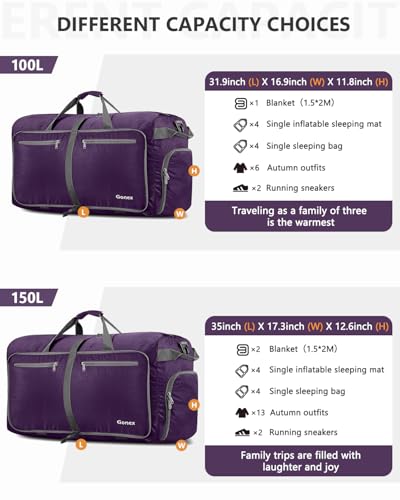 Gonex 60L Foldable Travel Duffle Bag with Shoe Compartment, Lightweight - color: Purple, size: 60L