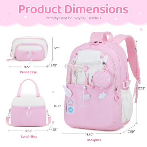 DIGOBAY Backpack for Girls, 5PCS School Bookbag with Lunch Box Pencil Case - color: Pink