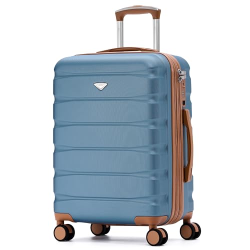 Flight Knight 22x18x10 Expandable Carry On Suitcase Hardside TSA Lock & USB C Port Lightweight Luggage Silent Double Spinner Wheels Maximum Spirit Overhead Carry-On Bag Airlines Approved Blue/Tan - color: Blue/Tan, size: 22x18x10"