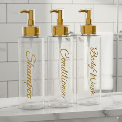 Shampoo and Conditioner Dispenser - Essentials Toiletry Bottles - Shower Refillable Shampoo and Body Wash Soap Pump Bottle – 3X 16oz Containers - Clear All Gold 1 Round - color: Clear All Gold 1 Round, size: Large