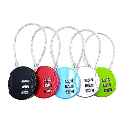 3-Digit Cable Luggage Locks Re-settable Combination, Alloy Body Color Locks (Black, Silver, Green, red, Blue (5 Pack))