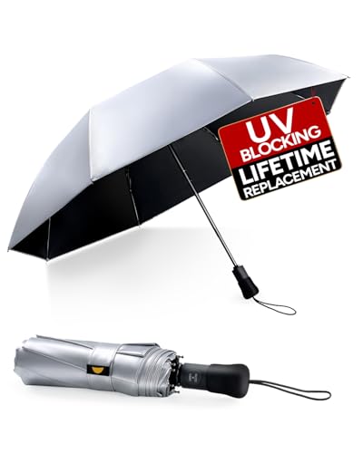 UPF 50+ UV Umbrella for Sun Protection, 42/46 Inch Silver Compact Travel Umbrella Windproof, Under 0.9 Pound Folding with Auto Open Close Portable UV Blocking - color: Silver - 42inch
