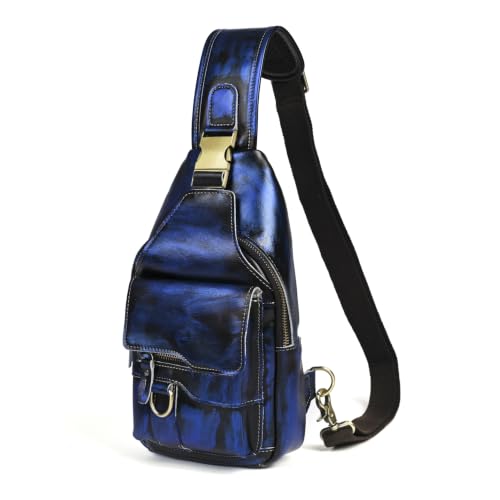 Genuine Leather Hiking Travel DayPack Sling Crossbody Triangle Chest Pack Bag For Men Women 8241 (D-8241 Blue) - color: D-8241 Blue