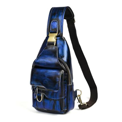 Genuine Leather Hiking Travel DayPack Sling Crossbody Triangle Chest Pack Bag For Men Women 8241 (D-8241 Blue) - color: D-8241 Blue