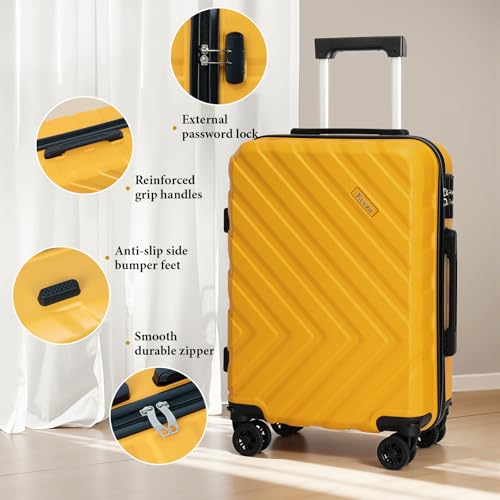 3 piece Carry on luggage 22x14x9 airline approved,Yellow | Lightweight ABS Hardside Luggage, TSA-Approved combination Lock, Suitcases with Spinner Removable Wheels (20"/DB/TB) - color: MangoYellow