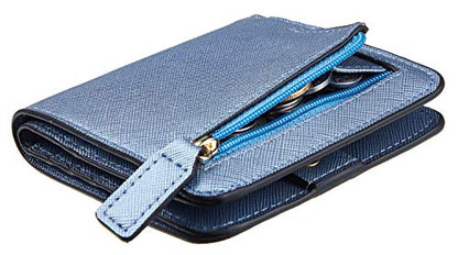 Toughergun Women’s Small Slim Leather Wallet with RFID Protection, Compact Bifold Mini Purse with Clear ID Window - color: CH Blue Gold