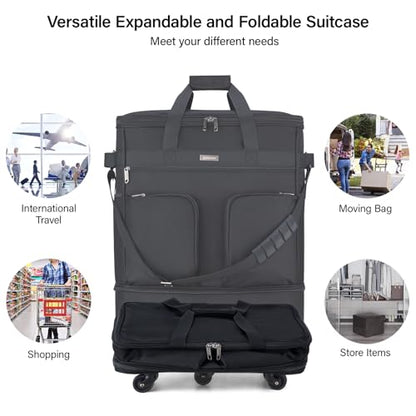 Hanke Expandable Collapsible Luggage with Wheels, Black Upgrade Version 2, 98L, Water-Resistant, 5 Spinner Wheels, 3 Pockets, Polyester, 19x13x27.2 inches, 6.1lb, Carry-On Luggage, Travel, Vacation - color: Black-1