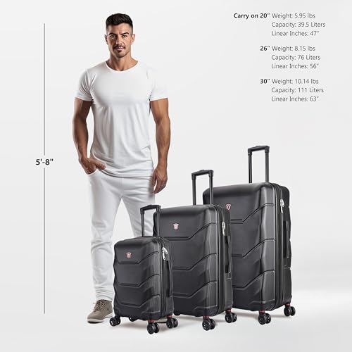 DUKAP ZONIX 3-Piece Durable Hardside Spinner Luggage Set 20/26/30in Black - color: Black, size: 3 Piece Set (20/26/30)