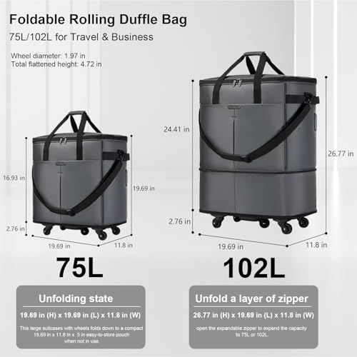 Large Capacity Rolling Duffle Bag,Expandable Foldable Suitcase for Travel,Collapsible Luggage Duffel Overnight Weekend Bags without Telescoping Handle - color: Grey