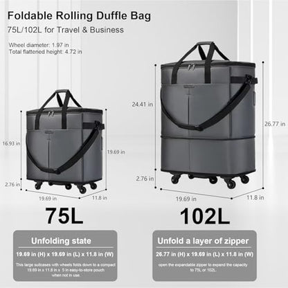 Large Capacity Rolling Duffle Bag,Expandable Foldable Suitcase for Travel,Collapsible Luggage Duffel Overnight Weekend Bags without Telescoping Handle - color: Grey