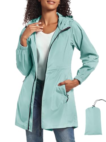 SaphiRose Women's Long Packable Rain Jacket with Hood Waterproof Raincoat - color: Light Green, size: Small