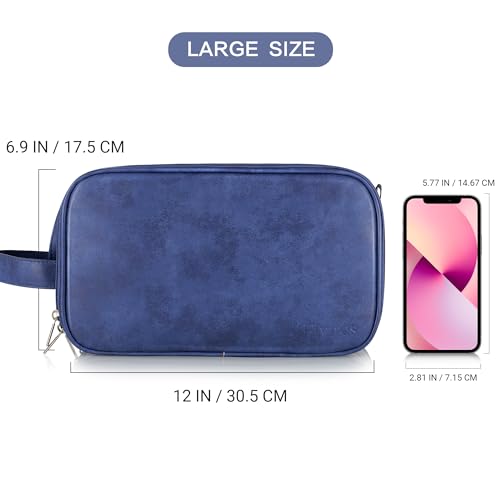 Elviros Toiletry Bag for Men PU Leather Shaving Dopp Kit (Large, Blue) - color: Blue, size: Large (Pack of 1)
