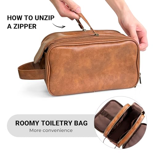 Elviros Toiletry Bag for Men, PU Leather Travel Dopp Kit, 2 Pack Gift Set - color: Brown, size: 2 Piece
