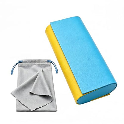 Double Sided Glasses Case Hard Shell,Sunglasses Case & Eyeglass Case with Cleaning Cloth & Storage Pouch - color: Yellow-turquoise