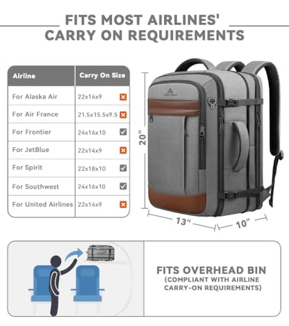 AREYTECO Expandable Carry on Backpack, 50L Extra Travel Laptop Backpack - color: Khakigrey, size: 17.3 Inch (20''x13''x10'')