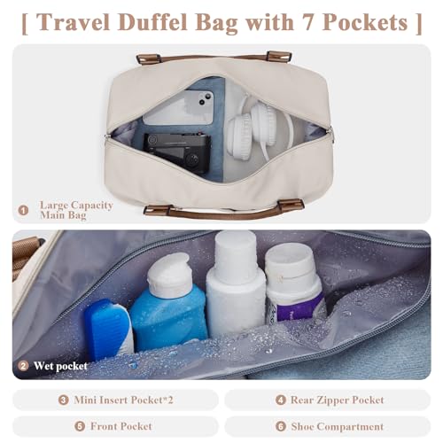 Travel Duffel Bag with Shoes Compartment, Weekender Bags for Women - color: A-Beige & Brown, size: Extra Large