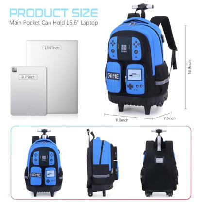3PCS Gamer Boys Rolling Backpack with Lunch Box & Pencil Pouch (Blue Black) - color: Blue