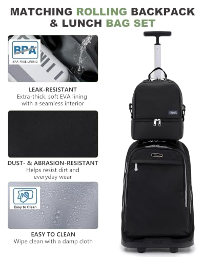 NEW TILAMI 19 Inch Rolling Backpack with Lunch Bag School, Black - color: Black