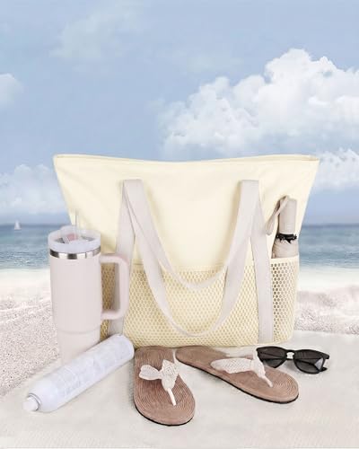 HOMESPON Beach Bag Large Waterproof Sandproof Tote for Women with Zipper and Mesh Pockets - color: Beige, size: Medium