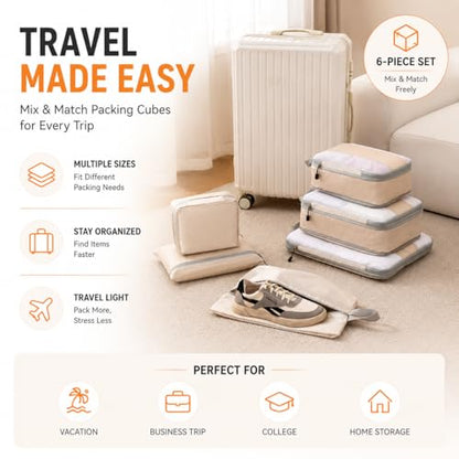 8 Piece Compression Packing Cubes Set for Travel, Large Capacity Space Saving Luggage Organizer with Double Zipper Compression, Shoe Bag, Toiletry Bag & Electronics Pouch, Beige