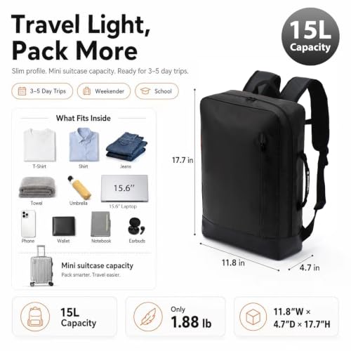 Travel Backpack for 15.6 Inch Laptop, 15L Lightweight, Black - color: Black, size: 15.6 Inch