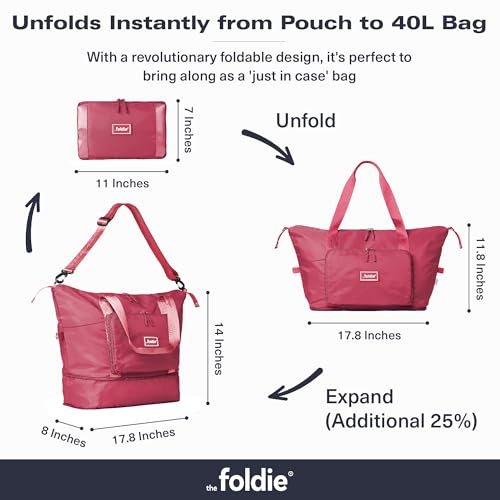 The Foldie Foldable Travel Bag for Women - 40L Weekender Bag with Multiple Pockets - Carry On Expendable Travel Bag - color: Pink