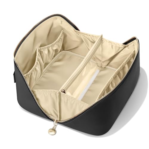 Travel Makeup Bag, Open Flat Cosmetic Bag for Women, Medium Black - color: Black, size: Medium