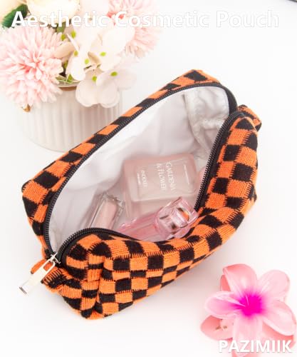 Checkered Makeup Bag for Purse,Small Travel Cosmetic Pouch,Halloween Orange - color: Halloween Orange