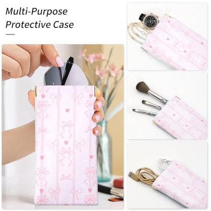 Soft Glasses Case, 2 Pcs Portable PU Leather Squeeze Top Eyeglasses Cases, Cute Sunglasses Pouch Bag for Women - color: 2pcs Striped Bow+ Bear Bow