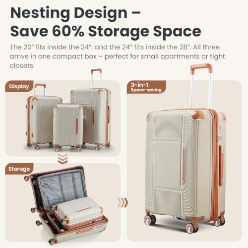 3 Piece Luggage Set with YKK Zippers and TSA Lock - color: Light Khaki, size: 3 Piece Set (20in24in28in)