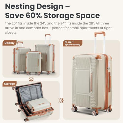 3 Piece Luggage Set with YKK Zippers and TSA Lock - color: Light Khaki, size: 3 Piece Set (20in24in28in)