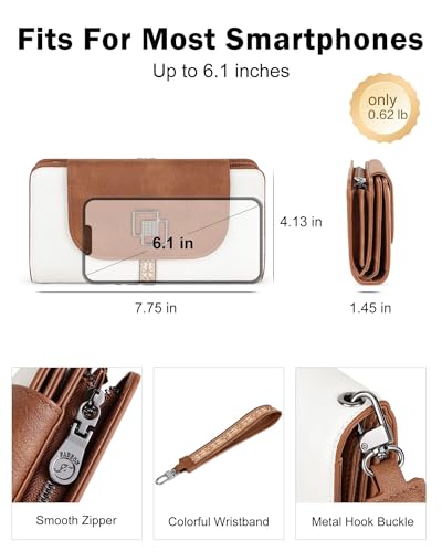 FADEON Leather Wallets for Women, Designer Large RFID Blocking Trifold - color: Beige Contrast Brown