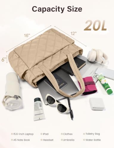 Uselike Tote Bag for Women, Lightweight Puffer Tote Work Bags with Compartments for Travel, Quilted Shoulder Bag with Zipper - color: Light Khaki