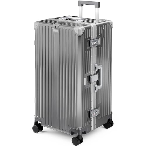 ALPHA CAMP Trunk Luggage 28 Inch with Aluminum Frame Zipperless Suitcase - color: Grey, size: 28 Inch