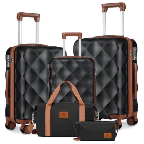 Somago Luggage Sets 5 Piece Hardside 20"/24"/28" with Duffle Toiletry Pouch - color: Black, size: 5 Piece Set