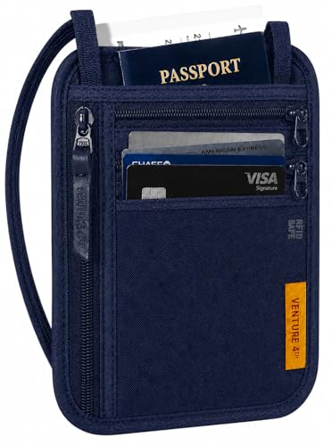 VENTURE 4TH Slim Neck Wallet, RFID Blocking Passport Holder - Navy - color: Navy Blue
