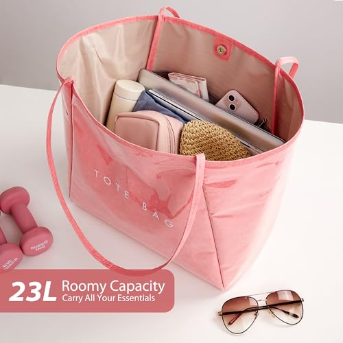 KALIDI PVC Tote Bag Women Large Kraft Paper Travel Beach Bag Jelly Purses - color: Light Pink
